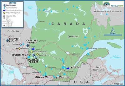 Figure 1 – Power Metals Corp Project Locations Map in Ontario and Quebec Canada (CNW Group/Power Metals Corp.)