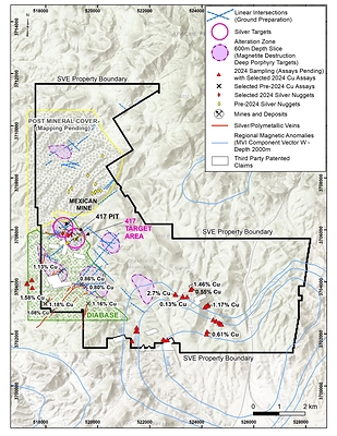 Figure 3: Property Map showing selected copper assays (see Table 1),  silver targets, copper targets and regional magnetic anomalies (contours are 0.0002 increments in SI units). (PRNewsfoto/Silver One Resources Inc.)