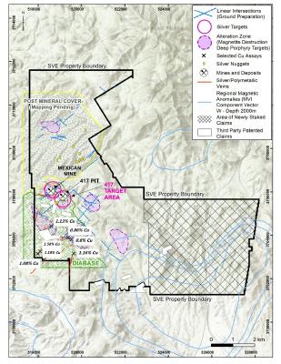 Figure 2 – Phoenix Silver Property Map showing new area staked, silver and porphyry targets (interpreted from a detailed drone-borne survey commissioned by the Company. Purple shaded zones are magnetic anomalies at 600 m depth, see October 23, 2023 news release),  as well as regional magnetic anomalies (magnetic vector inversion (“MVI”) component W, contours start at .0002, then .0004, .0008, .0016 .0032 .0064 .0128 in SI units) derived from public data.