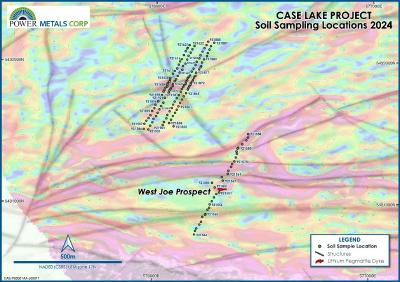 Figure 3 – Map of soil sampling locations conducted NNW of West Joe, along with test line through the West Joe Prospect (CNW Group/Power Metals Corp.)