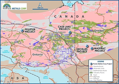 Figure 5 – Power Metals Corp Project Locations Map in Ontario and Quebec Canada (CNW Group/Power Metals Corp.)