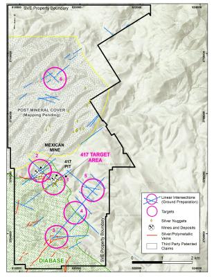 Figure 4 – Map of the Phoenix Silver property, showing main veins and targets. The north half of the property is covered by Tertiary gravel and alluvium and has not been mapped in detail. Target # 1 (or 417 Target Area), encompasses the 417 lb silver fragment, part of the 417 vein and the permitted area for drilling. Targets south of the 417 area, include polymetallic veins as well as alteration zones potentially associated with porphyry-style mineralization at depth.