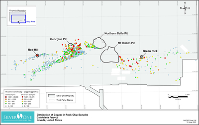 Distribution of copper in rock chip samples (includes, rock chip channels, select rock chips and grab samples)