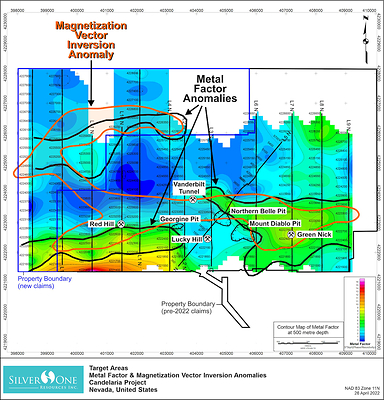 Metal Factor (MF) and Magnetization Vector Inversion (MVI) anomalies and location of relevant targets.  500 meters depth slice (500 meters below surface).