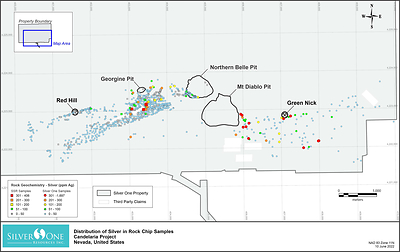 Distribution of silver in rock chip samples (includes, rock chip channels, select rock chips and grab samples)