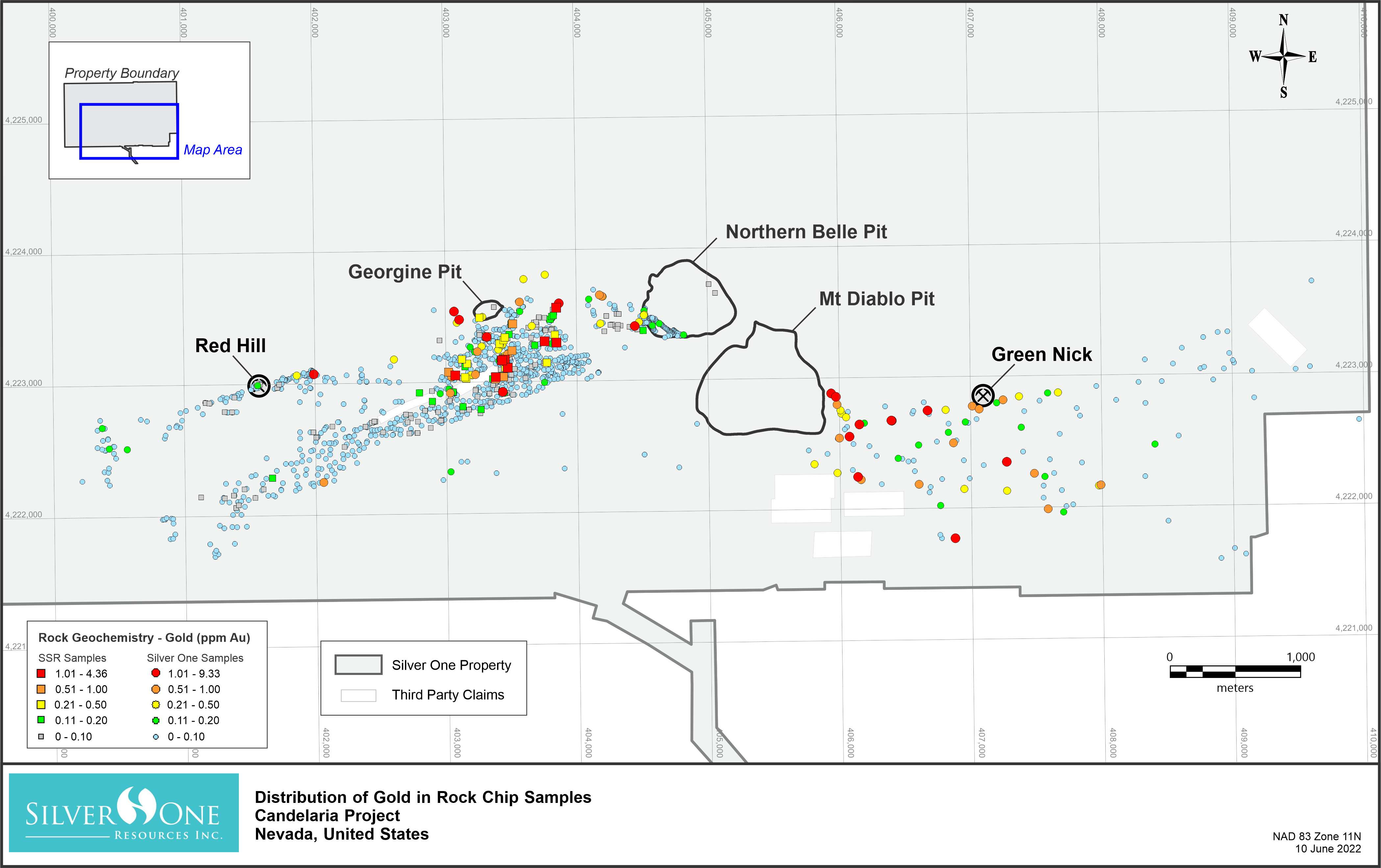 Distribution of gold in rock chip samples (includes, rock chip channels, select rock chips and grab samples)