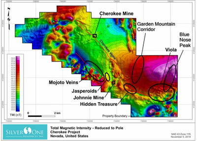 Figure 2.  Total magnetic intensity map of the Cherokee project showing main target areas