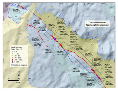 Figure 1. Geology and select surface assays of the Cherokee and Cherokee southeast areas