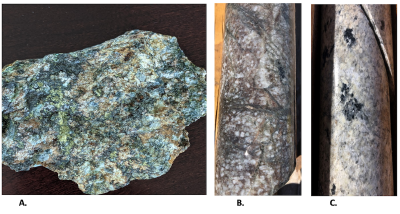 Fig 3 Photographs. A. Dump material with chalcopyrite near Georgine Pit and historic adit, B. Diorite porphyry with secondary biotite-magnetite alteration in veinlets, C. quartz-tourmaline-pyrite in bleached silicified diorite porphyry.