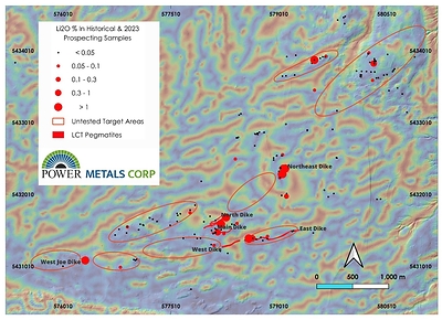 Figure 2 – Case Lake property map showing Li2O (%) in rock samples and location of untested target areas. (CNW Group/POWER METALS CORP)