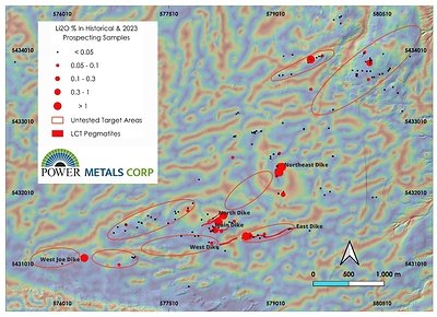 Figure 2 – Case Lake property map showing Li2O (%) in rock samples and location of untested target areas. (CNW Group/POWER METALS CORP)