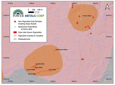 Figure 2 – Map showing location of new pegmatite samples awaiting assay results. (CNW Group/POWER METALS CORP)
