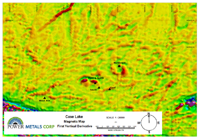 Figure 2. Magnetic map showing the first vertical derivative of Case Lake Property from data collected  in May 2023. (CNW Group/POWER METALS CORP)
