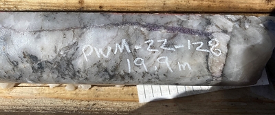 Purple lepidolite (Li) vein at 19.9 m, PWM-22-128, West Joe Dyke (CNW Group/POWER METALS CORP)