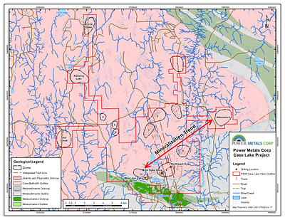 Figure 1 Case Lake domes and mineralization trend (CNW Group/POWER METALS CORP)
