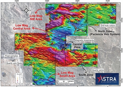 Figure 2: Regional ground magnetics including interpreted vein structures (white traces) and surface vein boulder float samples. (CNW Group/Astra Exploration Limited)