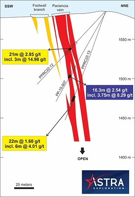 Figure 4: Schematic cross section of the eastern vertical portion of the Paciencia Vein. Values in gold equivalent. Blue label with white letters are historical results. (CNW Group/Astra Exploration Limited)