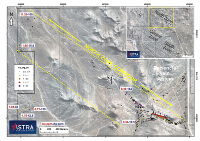 Figure 1: Location of drill holes at the Paciencia North Zone. White dots/traces are historical DD holes, and blue dots/traces are 2022 Astra Exploration RC holes. Small black dots are vein floats >25cm in size. (CNW Group/Astra Exploration Limited)