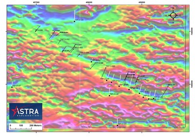Figure 2: Trenches in the North Zone over magnetics.  Black traces represent trenches and holes from previous exploration. Trenches from this program are represented with white traces. (CNW Group/Astra Exploration Limited)