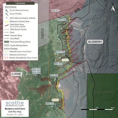 Figure 2: Overview plan view map of the Blueberry Contact Zone, illustrating the locations of the reported drill results, cross-section (Figure 5), and the distribution of the modelled sulphide-rich cross-structures. (CNW Group/Scottie Resources Corp.)
