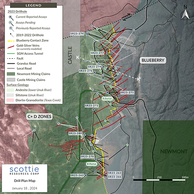 Figure 1: Overview plan view map of the Blueberry Contact Zone, illustrating the locations of the reported drill results, cross-section (Figure 2), and the distribution of the modelled sulphide-rich cross-structures. (CNW Group/Scottie Resources Corp.)