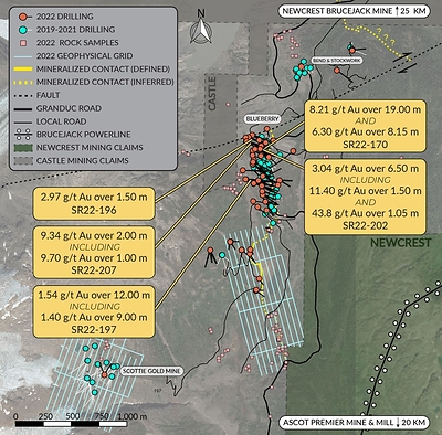 Figure 2: Overview plan view map of the Scottie Gold Mine Project, illustrating the distribution of the most recent results, and the overall scope of the 2022 drill and the completed 2022 loop electromagnetic geophysical grids. (CNW Group/Scottie Resources Corp.)