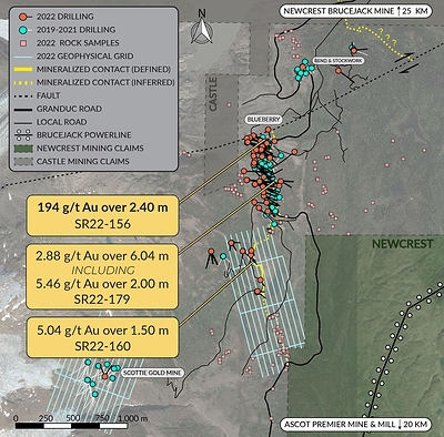 Figure 2: Overview plan view map of the Scottie Gold Mine Project, illustrating the distribution of the most recent results, and the overall scope of the 2022 drill and the completed 2022 loop electromagnetic geophysical grids. (CNW Group/Scottie Resources Corp.)