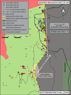 Plan map outlining the drilled extent of the Blueberry Contact Zone and the mapped southern extension of the same lithological contact where it intersects with similar mineralized cross-structures and anomalous gold samples at surface. (CNW Group/Scottie Resources Corp.)