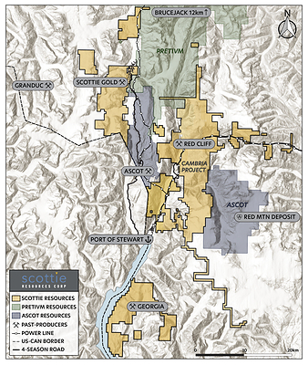 Figure 1: Overview map of the Scottie Resources mineral tenures in the Stewart Mining Camp after the merger with AUX Resources. (CNW Group/AUX Resources Corporation)