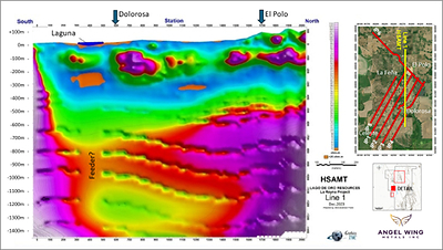 Figure 2: HSAMT Survey Results. Cross section looking west. A single line regional scale survey with stations reading every 100 metres, Line 1 is located in yellow on the inset map. (CNW Group/Angel Wing Metals Inc.)