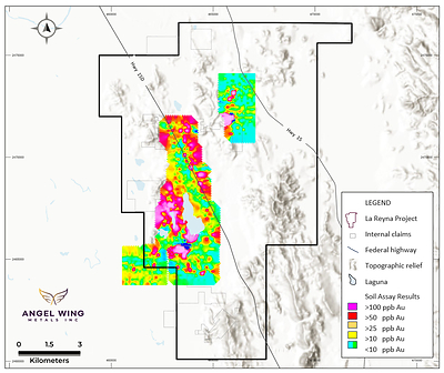 Figure 3: Soil Assay Contour Map - Gold in parts per billion (ppb) showing sample location grid (black dots) and the El Polo-Dolorosa soil anomaly in pinks and reds. (CNW Group/Angel Wing Metals Inc.)