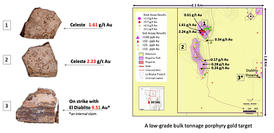 Figure 7: Celeste - Plan map showing geology, selected gold assay results and associated rock specimens collected at site. (CNW Group/Angel Wing Metals Inc.)