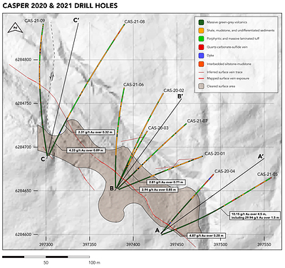 Figure 1 – Drill hole traces from 2021-2022 along showing extent of gold mineralization in core and at surface. Drilling has confirmed gold mineralization is present along strike for over 220m, remains open and increases in grade to the southeast. Which is concurrent with exposed surface mineralization before system extends under cover. (CNW Group/Garibaldi Resources Corp.)