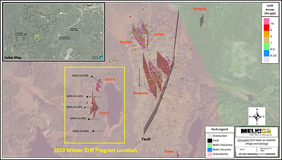 Figure 2: Carscallen Drill Hole Map overlaid on geological data, highlighting known mineralized zones and gold assay results from past drilling.