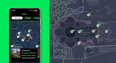 Tripadvisor launches redesigned maps built with Mapbox. On the left, a mobile device displays the new map design in dark mode. On the right, a close-up example view of the map displays details around St. Peter's Basilica in Rome.