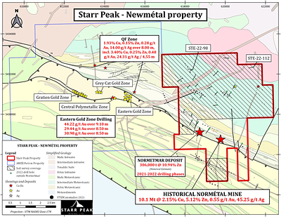 Figure 1: Geological Map of the NewMétal property locating the soil survey coverage, with respect to Amex Exploration’s Perron Project (CNW Group/Starr Peak Mining Ltd.)