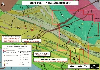 Figure 2: Geological Map of the NewMétal property locating the new massive sulphide horizon, A-A’ longitudinal, with respect to Amex Exploration’s Perron Project (CNW Group/Starr Peak Mining Ltd.)