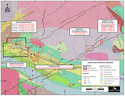 Figure 1: Geological Map of the NewMétal property with respect to Amex Exploration's Perron Project. (CNW Group/Starr Peak Exploration Ltd.)