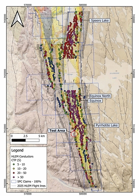 Figure 1: Geological map of the main Muskox Intrusion displaying the flightlines of the 2025 HELITEM survey and all the EM conductors color coded  based on conductor grade as well as the Test Area (Figure 4). (CNW Group/SPC Nickel Corp.)
