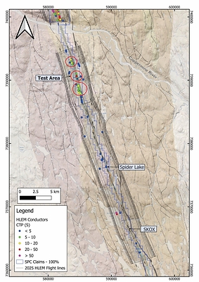 Figure 3: Geological map of the Feeder Dyke displaying the flightlines of the 2025 HELITEM survey and the EM conductors color coded based on conductor grade as well as the Test Area (Figure 5). (CNW Group/SPC Nickel Corp.)