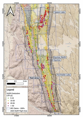 Figure 2: Geological map of the main Muskox Intrusion displaying the flightlines of the 2025 HELITEM survey and the filtered EM conductors color coded  based on conductor grade as well as the Test Area (Figure 4). (CNW Group/SPC Nickel Corp.)