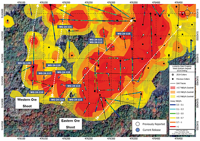 Figure 3: Plan map of the current area of drilling on the West Graham Project showing the collar locations, drill traces, NiEq% grade isoshells and the eastern and western ore shoots. (CNW Group/SPC Nickel Corp.)