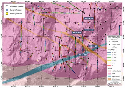Figure 2: Plan map of the current area of drilling on the West Graham Project showing the collar locations and drill traces of the completed holes. Assay results for the reported holes are shown in callouts (blue for new results and brown for previously released results). See Table 1 for assay intervals. (CNW Group/SPC Nickel Corp.)