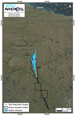 Figure 1: Regional satellite view of the Muskox Project area showing the location of Kugluktuk as well as the 2024 field work targets. (CNW Group/SPC Nickel Corp.)
