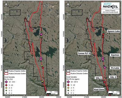 Figure 2: Local satellite view of the Muskox Project area showing the location of the Muskox Intrusion, SPC Nickel’s property position, 2024 grab samples color coded based on Ni+Cu wt.% grade and Pt+Pd+Au ppm grade. (CNW Group/SPC Nickel Corp.)