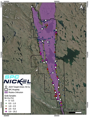 Figure 2: Local satellite view of the Muskox Project area showing the location of the Muskox Intrusion, SPC Nickel’s property position, grab samples color coded based on Ni+Cu wt.% grade and 2024 Ni-Cu targets. (CNW Group/SPC Nickel Corp.)