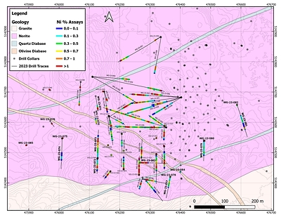Figure 1: Plan map of the current area of drilling on the West Graham Project showing the collar locations and drill traces of the completed holes as well as all holes with assays pending. Bold collar labels indicated holes with new assay results. (CNW Group/SPC Nickel Corp.)