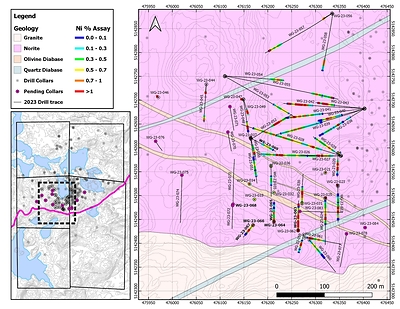 Figure 1: Plan map of the current area of drilling on the West Graham Project showing the collar locations and drill traces of the completed holes as well as all holes with assays pending. 
Location of Figure 2 is also displayed on the map. See Table 1 assay results. Bold collar labels indicated holes with new assay results. (CNW Group/SPC Nickel Corp.)