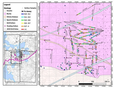 Figure 1: Plan map of the current area of drilling on the West Graham Project showing the collar locations and drill traces of the completed holes as well as all pending holes. Location of Figure 2 is also displayed on the map. See Tables 1 and 2 for assay results. (CNW Group/SPC Nickel Corp.)
