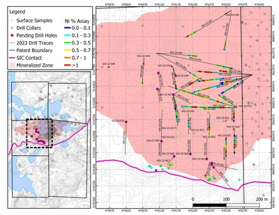 Figure 1: Plan map of the current area of drilling on the West Graham Project showing the collar locations and drill traces of the completed holes as well as all pending holes. Interval lengths reported above are downhole lengths. See Table 1 and 2 for true width estimations. (CNW Group/SPC Nickel Corp.)